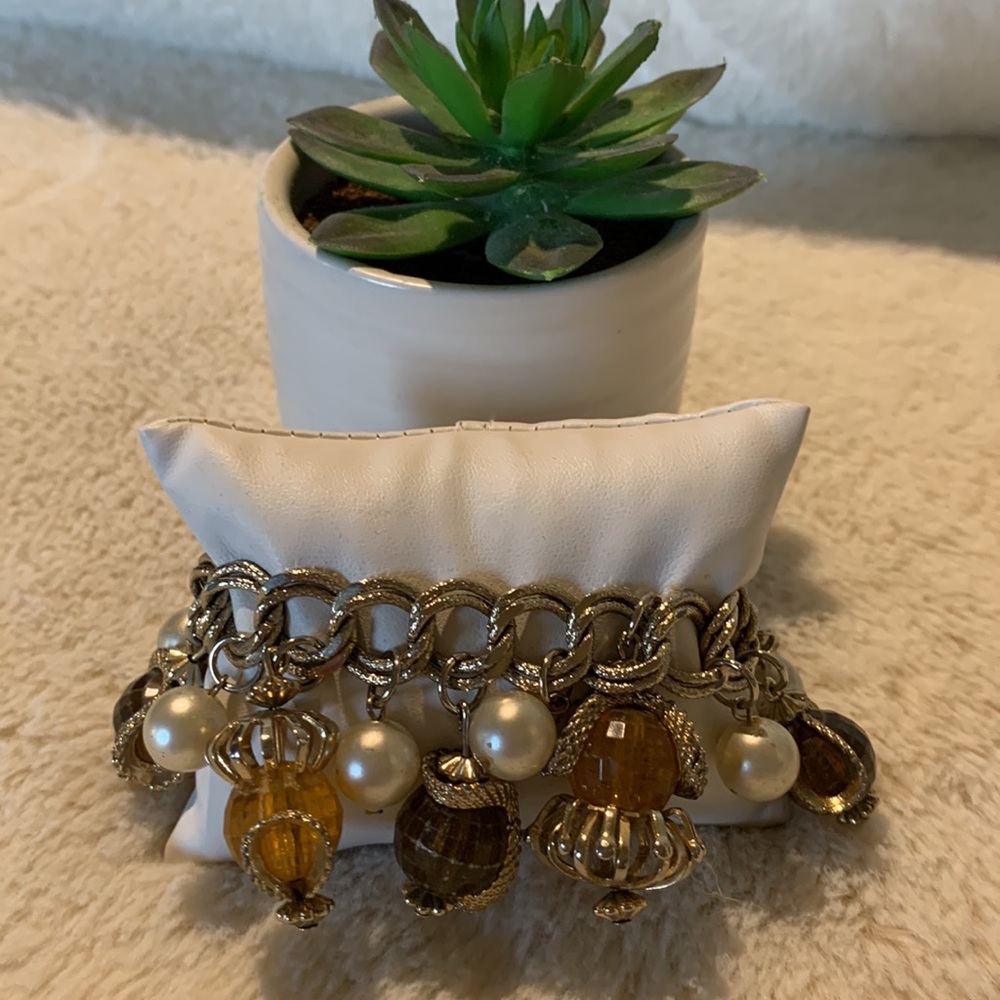Vintage Gold, Brown & Pearl Charm Bracelet